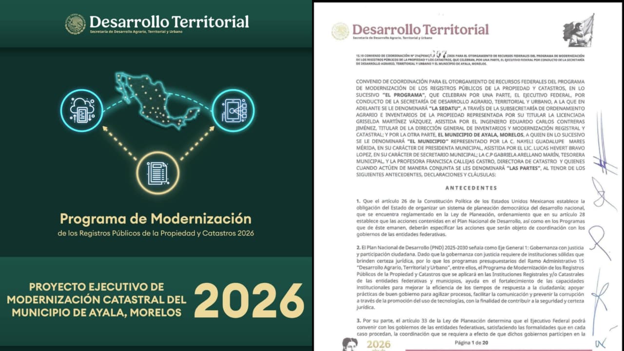 Ayala firma convenio con SEDATU para modernizar el Catastro