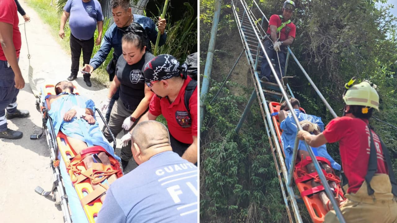 Rescatan a hombre tras caer a una barranca de 20 metros en Cuautla